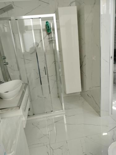 a white bathroom with a shower and a toilet at Holiday Home Litteri One in Catania