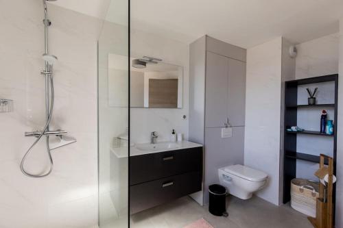 une salle de bain avec une douche, un lavabo et des toilettes dans l'établissement Le Léon - Appartement vue montagne Porto Vecchio, à Porto-Vecchio