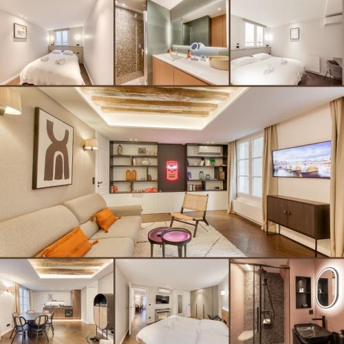 un collage de photos d'un salon dans l'établissement Le Nid du Marais I 3CH I 2SDB I AC, à Paris