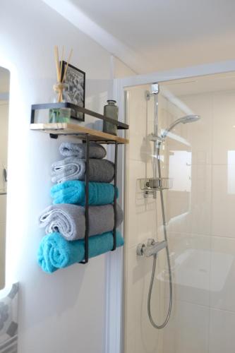 a bathroom with a rack of towels and a shower at VILLA PIERARTLOU in Arès