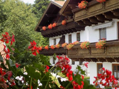 een gebouw met rode bloemen op de balkons bij Ferienwohnung Hauzenberg Blick FeWo306 in Hauzenberg