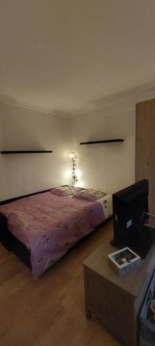 - une chambre avec un lit violet et une table dans l'établissement Studio proche de la defense, à Nanterre
