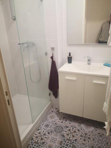 une salle de bain avec une douche, un lavabo et un miroir dans l'établissement un lit double dans une chambre dans un appartement de 3 chambres en colocation à proximité du centre ville, à Toulon