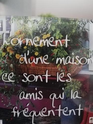 un cartel en una ventana con una cesta de plantas en chambre avec salle de bain privatisée avec petit déjeuner compris, en Auxonne