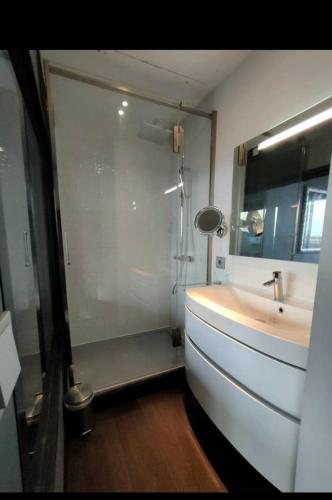 une salle de bain blanche avec un lavabo et une douche dans l'établissement Village Naturiste Cap d'Agde Le Vip, au Cap d'Agde