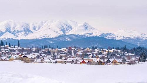 a small town with snow covered mountains in the background at Bakuriani, Georgia in Bakuriani