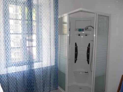 une salle de bain avec une douche avec des toilettes et un lavabo dans l'établissement Maison de village en montagne, à Saint-Lary