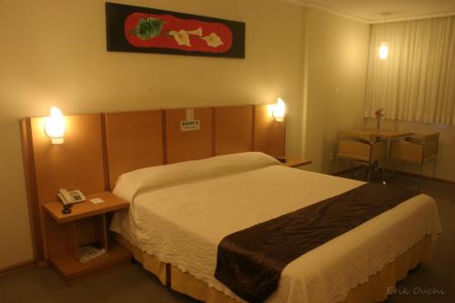 a hotel room with a bed and a telephone at Barbur Plaza Hotel in Ponta Grossa