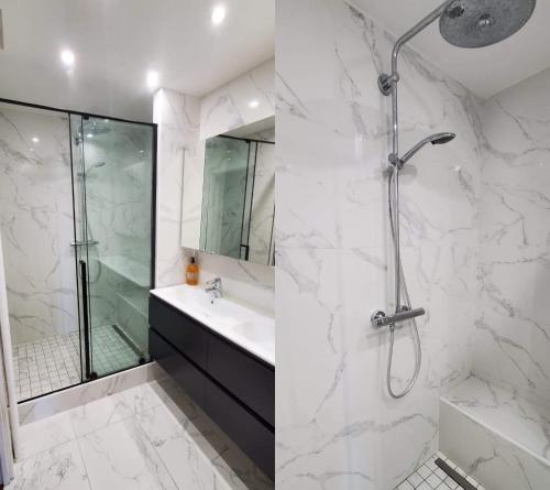 une salle de bain avec douche et lavabo dans l'établissement Dernier étage, 108m2, Vue panoramique, à Paris