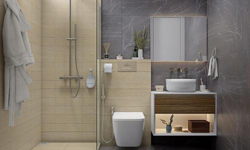 ein Bad mit einer Dusche, einem WC und einem Waschbecken in der Unterkunft Simatupang Suites, CityView Apartment in South Jakarta in Jakarta