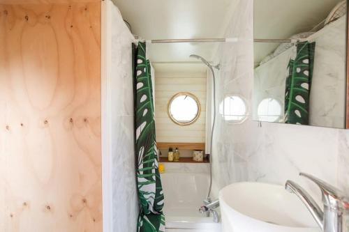 Un baño con lavabo, bañera y ducha. en Slash Arts houseboat on secluded mooring in central London, en Londres