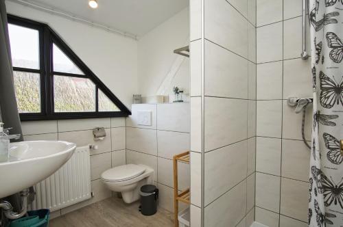 a bathroom with a toilet and a sink at nah am Meer, ruhige Lage, gratis Nutzung vom AHOI Erlebnisbad und Sauna in Sellin - Haus Büdnerstube FeWo 5 in Middelhagen