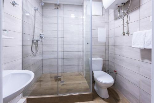 y baño con aseo, lavabo y ducha. en Hotel Express Корпус 2, en Kiev