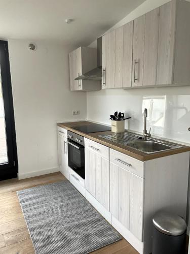 a kitchen with a sink and a stove at Wohnung mit großer Dachterrasse in Aachen