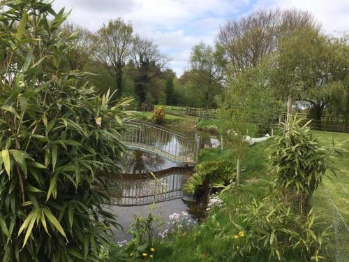 un pont sur une rivière dans un jardin dans l'établissement Woodman's Farm, à Norwich
