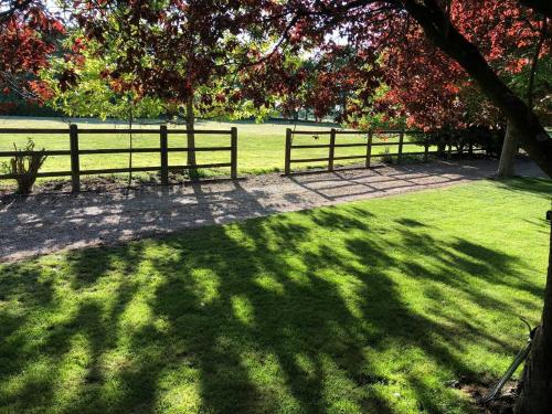 a fence in the middle of a grassy field at Woodman's Farm in Norwich
