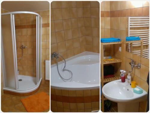 three pictures of a bathroom with a shower and a tub at Chalupa na Vysočině in Sněžné