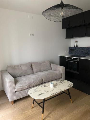 un salon avec un canapé et une table basse dans l'établissement Cosy appartement 3min de Paris, à Levallois-Perret