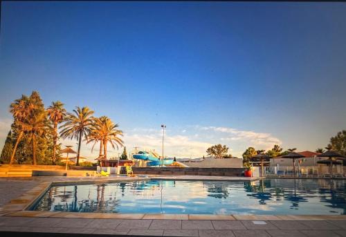 une piscine dans un parc avec des palmiers dans l'établissement Mobil home 6 personnes, à Saint-Cyprien