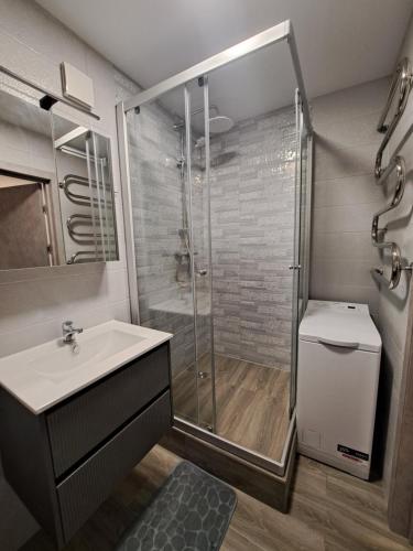 een badkamer met een douche, een wastafel en een toilet bij Jaukūs apartamentai centre A. J. Greimo g. in Šiauliai