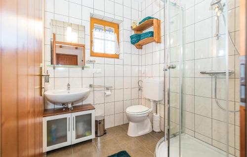 uma casa de banho com um WC, um lavatório e um chuveiro em Ferienhaus-gaas em Gaas