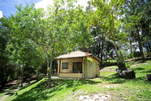 una piccola casa gialla in un campo alberato di Chales Vinhas da Harmonia a Cunha
