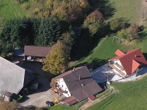 uma vista superior de uma casa com um telhado em Ferienwohnungen Hansmartihof em Horben