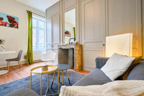un salon avec un canapé et une cheminée dans l'établissement Joli appartement une chambre en hypercentre, à Lille
