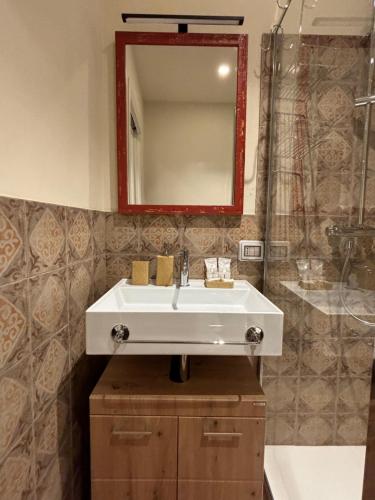 W łazience znajduje się biała umywalka i prysznic. w obiekcie Appartamento L'antica colonna, in centro storico w mieście Parma
