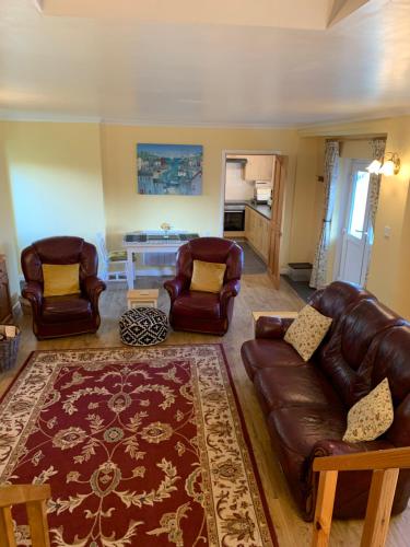 a living room with leather furniture and a rug at Blaencwm Cottages in Boncath