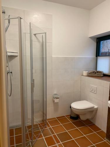 uma casa de banho com um chuveiro e um WC. em Müllernhof em Faßberg