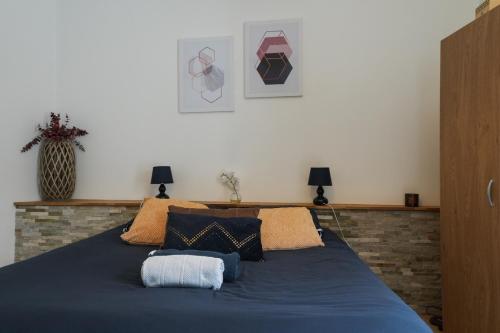 ショレにあるStudio moderne, hypercentre de Cholet, arrivée autonome !のベッドルーム1室(青いシーツと枕のベッド1台付)