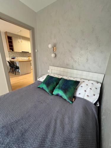 ein Schlafzimmer mit einem Bett mit zwei grünen Kissen in der Unterkunft Apartamenty Alexa Tatarska B in Przemyśl