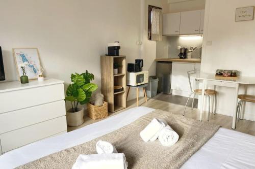 un salon avec un lit et une cuisine dans l'établissement Le Syrme • 450m de la plage, balcon & parking, à Annecy