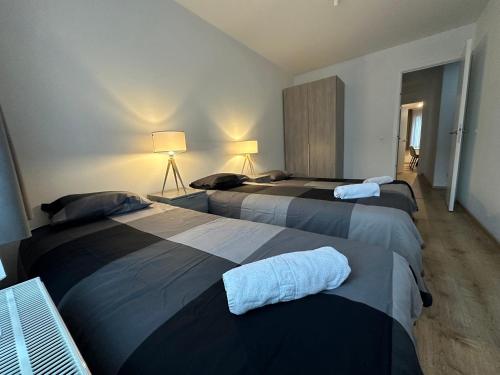 Furnished 2 Bedroom Apartment in City Center في بروكسل: غرفة نوم بثلاث اسرة في غرفة