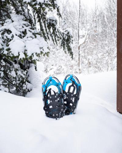 a pair of skis sitting in the snow at Le Grand R in Saint-Donat-de-Montcalm
