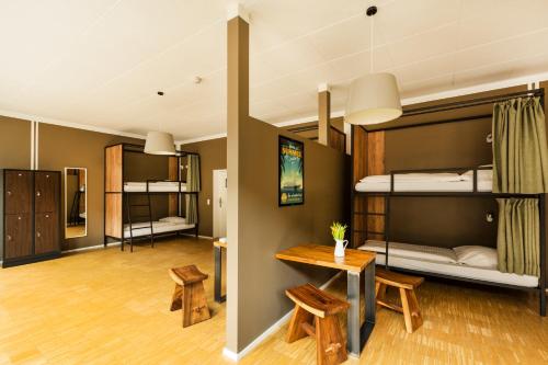 ニュルンベルクにあるファイブ リーズンズ ホステル ＆ ホテルの二段ベッド、テーブル、椅子が備わる客室です。