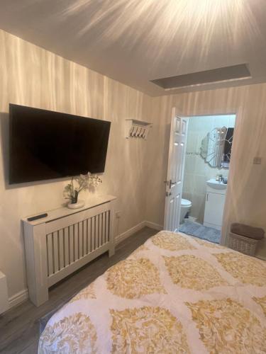 a bedroom with a bed with a flat screen tv at Private guest house/Annexe in Manchester
