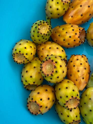 a pile of yellow fruit on a blue background at Fattoria F.lli Marsolo in Chiusa Sclafani