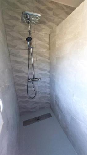 une douche avec pommeau de douche dans une salle de bain dans l'établissement Appartement Le Nid des hirondelles tout confort au cœur de la nature dans un véritable Mas Cévenol, à Générargues