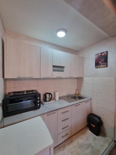 a small kitchen with a sink and a microwave at Avio Lux Apartmani in Novi Pazar