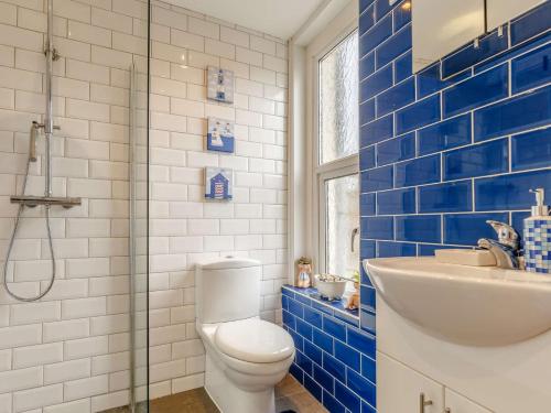 a bathroom with a toilet and a sink and blue tiles at 2 Bed in Brixham 54679 in Brixham