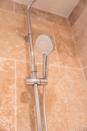 une douche avec pommeau de douche dans une salle de bain dans l'établissement Le Cabernet, T2 centre ville, à Tours