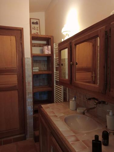 La salle de bains est pourvue d'un lavabo et d'une armoire en bois. dans l'établissement Les Asphodèles, à Sausset-les-Pins