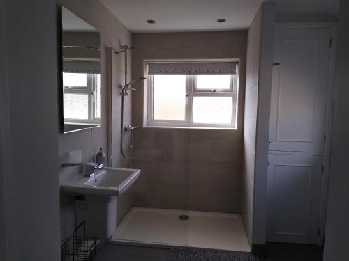 ein Bad mit einem Waschbecken, einer Dusche und einem Fenster in der Unterkunft Escape to Anglesey, Dog Friendly in Llangoed