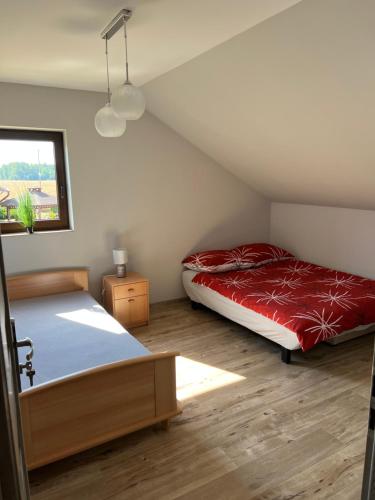 Un pat sau paturi într-o cameră la Andrzejówka