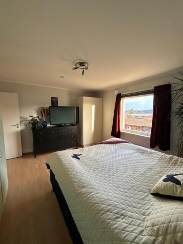 a bedroom with a large bed and a large window at House close to Ålesund center in Ålesund