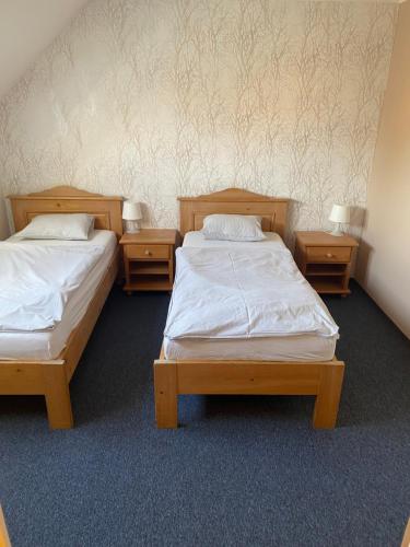 2 camas individuales en una habitación con 2 mesitas de noche en Penzion BeSeDa, en Bratronice