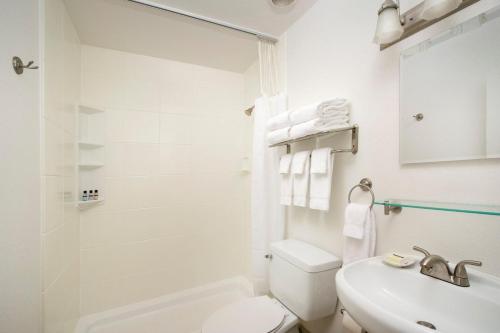 a white bathroom with a toilet and a sink at Park Lane Suites & Inn in Portland