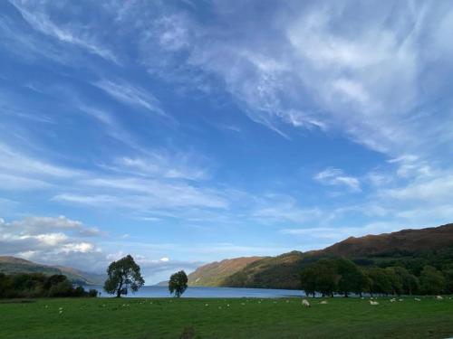 a green field with trees and a body of water at The Classrooms, Loch Ness Abbey - 142m2 Lifestyle & Heritage apartment - Pool & Spa - The Highland Club - Resort on lake shores in Fort Augustus